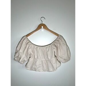 Cottagecore Peasant Milkmaid Puff Sleeve Babydoll 100% Cotton Womens Top Beige S